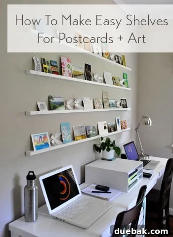 Craft Your Own Stylish Wall Shelves 2 Completed DIY postcard art ledges displaying various artworks and postcards in an office setting