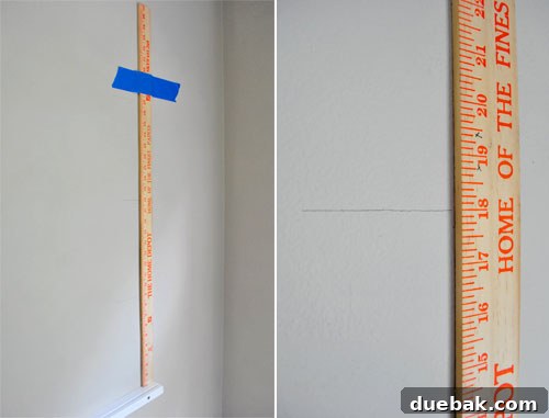 Craft Your Own Stylish Wall Shelves 11 Measuring and marking shelf spacing on the wall using a yardstick and painter's tape