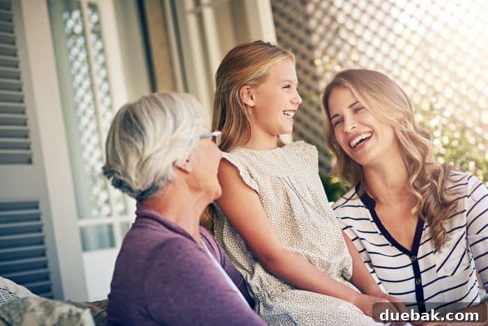 Sweet Facts About Mom Free Printable 3 Three generations of women laughing together: a young girl with her mother and grandmother, celebrating family bonds.