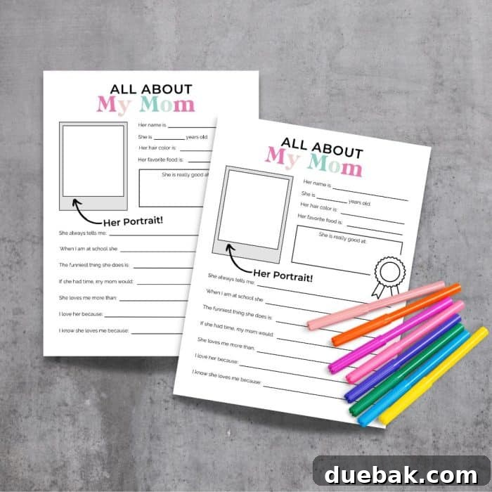Sweet Facts About Mom Free Printable 4 Close-up of a child's hand coloring in a section of the 'All About My Mom' printable worksheet.
