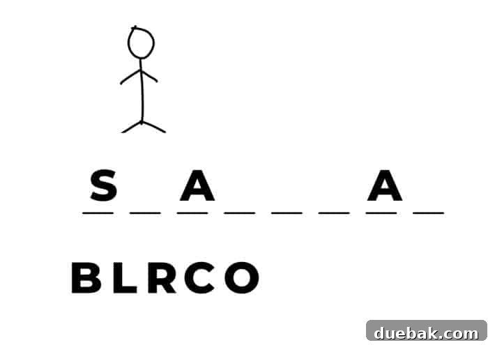 A Hangman game in progress on a whiteboard with letters guessed and a partial stick figure drawn.