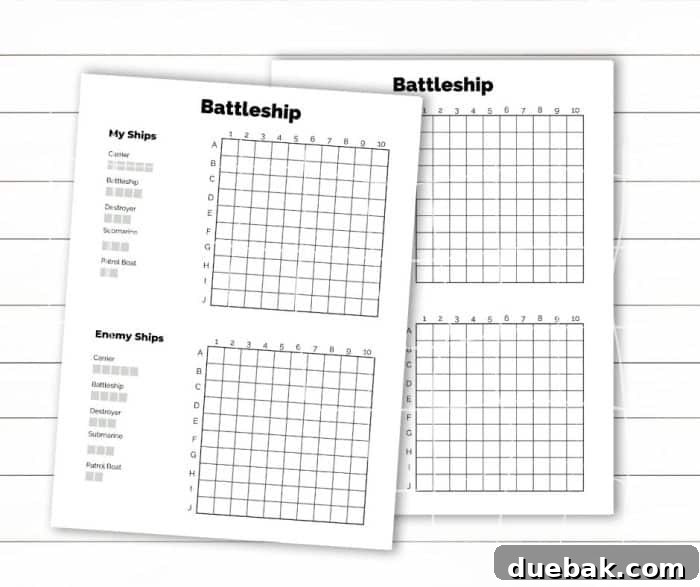 Free printable Battleship game board for strategic naval fun. Download and play with friends and family.