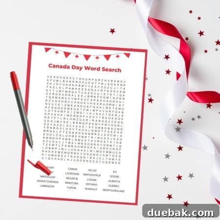 A printable activity page for Canada Day featuring a Canadian themed word search puzzle with a maple leaf design.