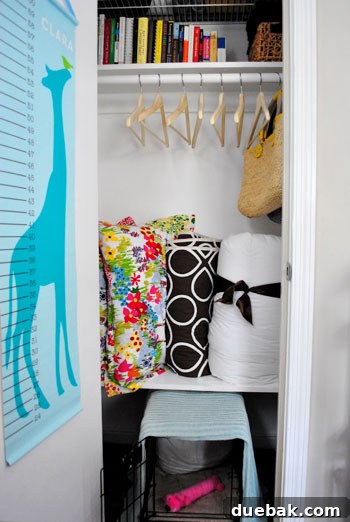 Clever Closet Shelf for Built-In Dog Crate 14 Fully organized closet showing the new shelf, organized linens, dog crate, and hanging space