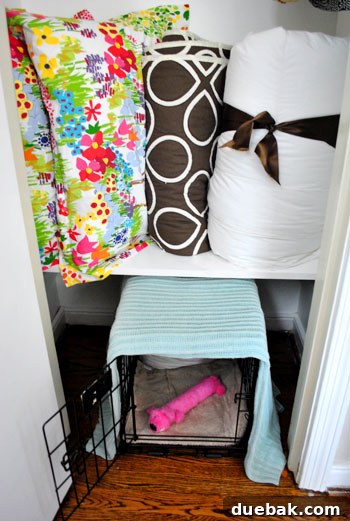 Clever Closet Shelf for Built-In Dog Crate 10 Guest bedding neatly folded and stored on the new shelf inside the refreshed closet