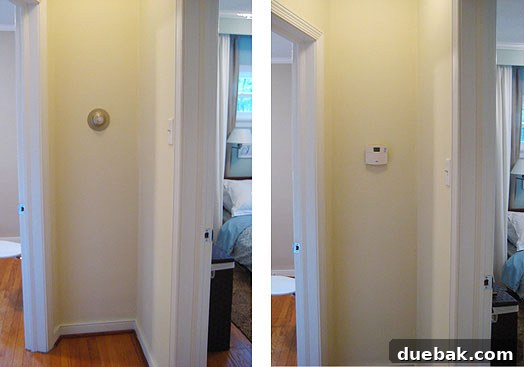 thermostatsoldandnew Side-by-side comparison of an old manual thermostat and a new digital programmable thermostat