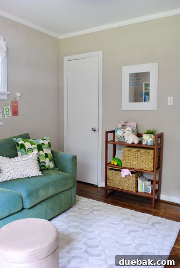 Woven storage baskets on a bookcase in the playroom