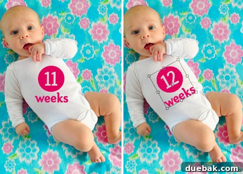 Screenshot showing text layer added to baby photo in Photoshop with precise placement