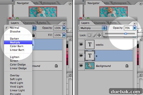 Photoshop interface showing blend mode set to multiply and opacity adjusted for text layer