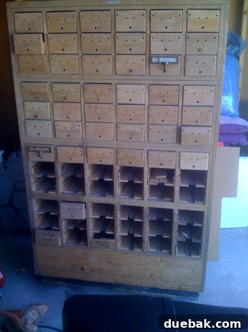 Buffet by the Book 2 Vintage library card catalog before renovation, drawers removed, showing its original industrial aesthetic.