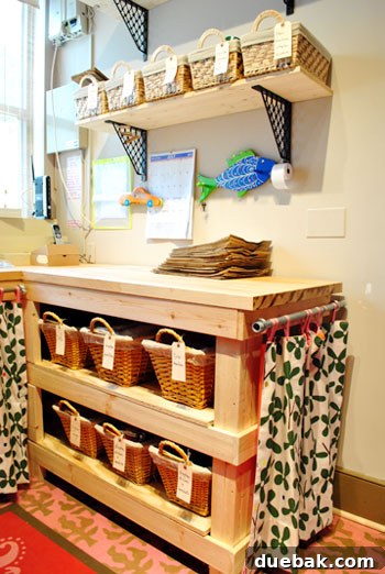 Close-up of organized storage baskets with labels