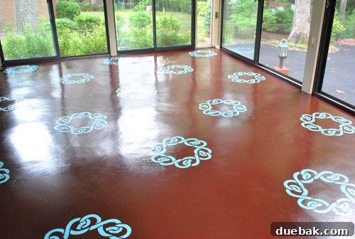 Transform Your Concrete Floor with Paint and Stencils 12 Final view of the stunning turquoise stenciled floor