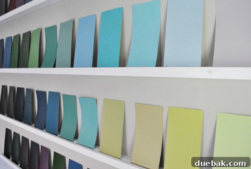 Another perspective of the colorful paint swatch display, highlighting the playful and modern aesthetic.