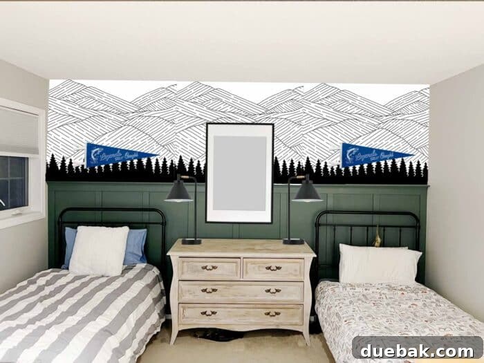 Shared Boys' Room Transformation: Feature Wall Impact 6 Mockup of a shared boys bedroom with a modern black and white mountain mural wallpaper on the feature wall