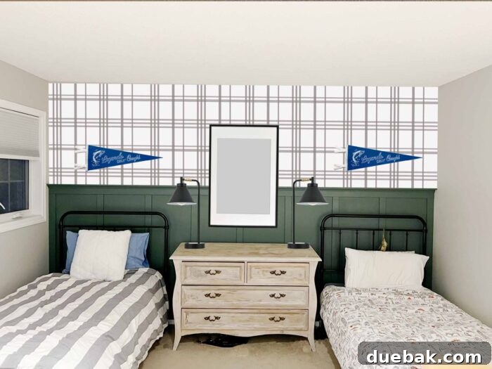 Shared Boys' Room Transformation: Feature Wall Impact 7 Mockup of a boys bedroom showing a light grey plaid wallpaper on the feature wall