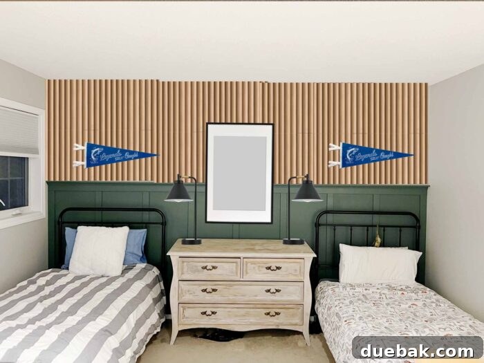 Shared Boys' Room Transformation: Feature Wall Impact 9 Mockup of a boys bedroom featuring a wood plank style wallpaper on the accent wall