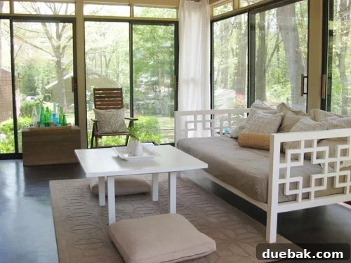 Sunroom before final mini makeover with all neutral tan and brown decor