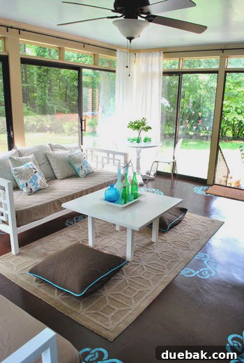 Close-up of new $12 floor pillow covers adding subtle contrast to sunroom