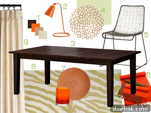 Warm and textured fall dining room mood board featuring chocolate browns, oranges, olives, and gold accents