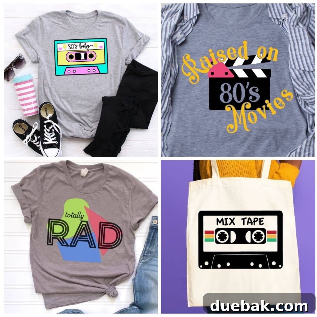 A fifth vibrant collage highlighting various 80s themed craft projects using SVG files, focusing on movie quotes and other pop culture references.