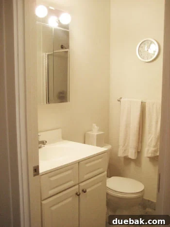 Before picture of a stark white bathroom, clean but lacking personality.