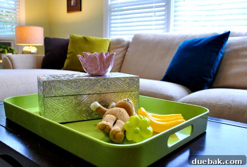 Farah's Living Room Makeover: The Finished Look 17 Coffee table with a plastic tray holding Laila's toys and books