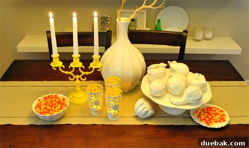 A final overview of the living room decorated for Halloween with repurposed items.
