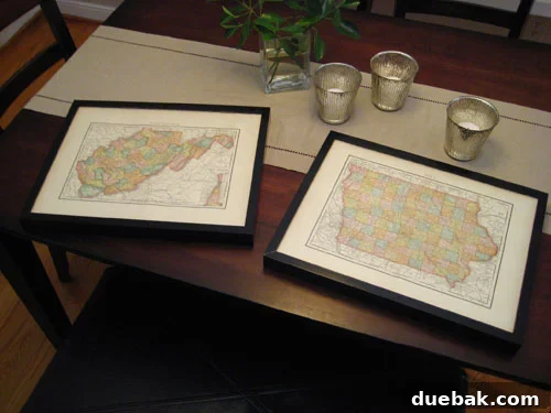 personalized-wedding-gift-ideas-vintage-maps Personalized vintage map art, featuring maps of West Virginia and Iowa framed in black.
