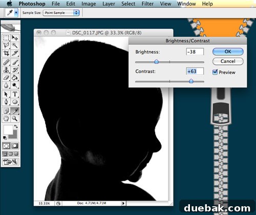 Baby Clara's profile photo after desaturation and initial contrast adjustment in Photoshop