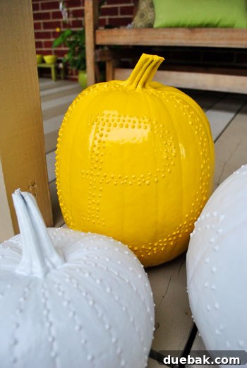 Create Whimsical Puffy Paint Pumpkins 14 Close-up of spray painted textured pumpkins on porch