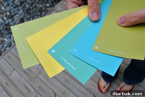 Five chosen paint swatches: Cornichon, Lagoon, Duck's Egg, Egg Yolk, Sultana