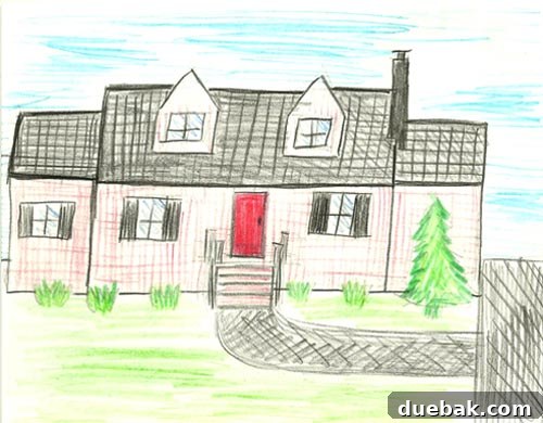 New Blueprint Required 4 Another example of a hand-drawn, colored-pencil interpretation of a house, showcasing the attempt to anonymize properties artistically.