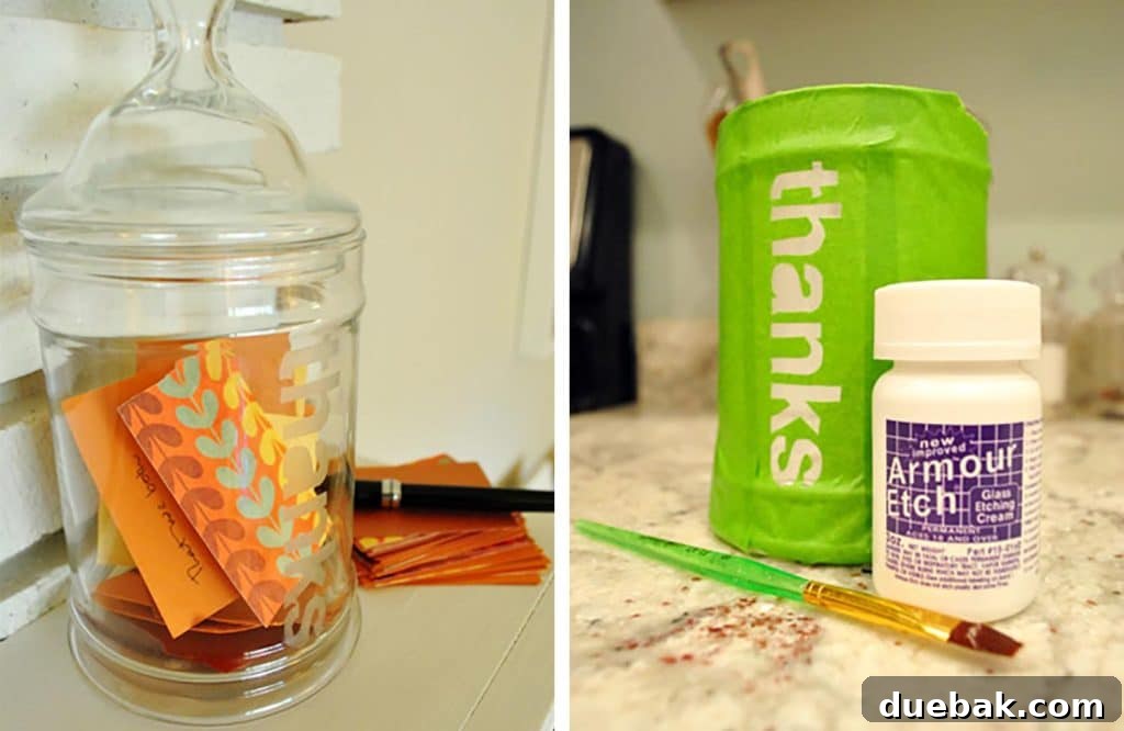 Thanksgiving Glass Etching Craft Project For Thanks Jar Progress and After Photo