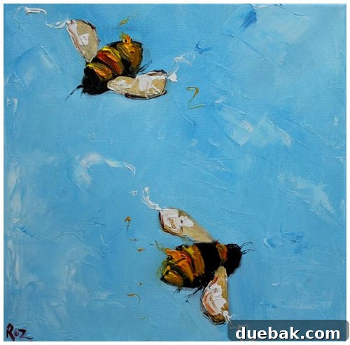 John's Buzz-Worthy Bee-Day Gift 2 Two bees flying on a canvas, an original oil painting by Roz.