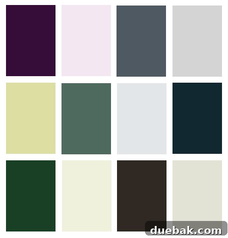 Moody and sophisticated interior design mood board featuring deep purples, blues, and greens