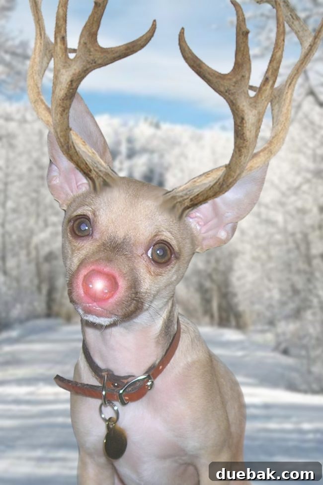 Burger the chihuahua dressed as Rudolph the Red-Nosed Reindeer for a holiday card photo
