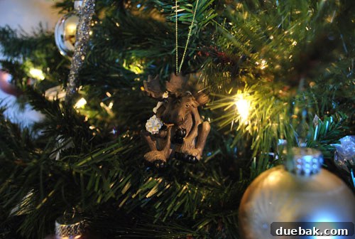 Our Kaleidoscope Christmas Tree 6 A 'just married' moose ornament, featuring a bride and groom moose, hanging on a Christmas tree.