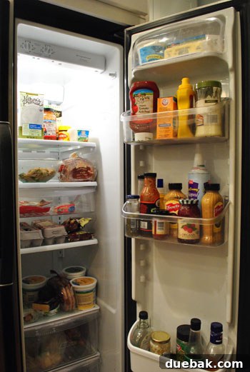 A full refrigerator at the start of the grocery hiatus, packed with various food items like produce, dairy, and condiments, signifying a well-stocked kitchen before the food purge.