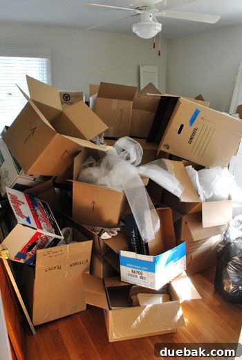 A Sea of Cardboard 2 A guest bedroom completely filled with empty moving boxes and packing supplies, appearing chaotic and overwhelming after a move.