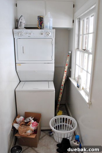 Disheveled laundry room with laundry baskets and various items, highlighting storage needs