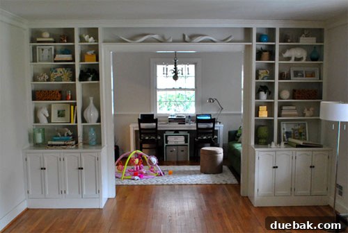 Initially crowded built-in bookcase shelves