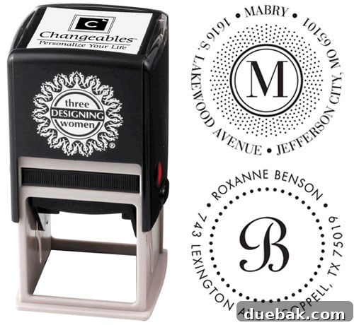 Two different designs of personalized Three Designing Women address stampers for home correspondence