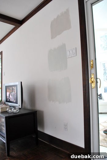 picking the perfect gray paint color by painting three test swatches onto the wall, Collingswood Grey Owl and Moonshine