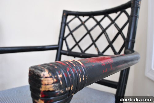 Treasured Antique Woven Desk Chair Finds 3 Close-up of a vintage navy chair showing chips and scratches
