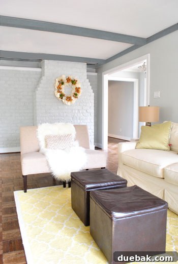 Breathing New Life Into Our Living Room Trim 7 Detailed conceptual image showing dark gray ceiling beams against white trim, highlighting the contrast and depth