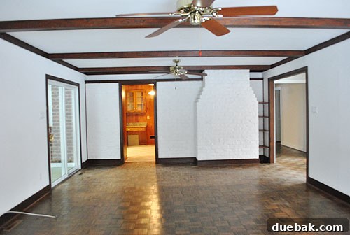 Give Your Wood Ceiling Beams A Gray Wash Makeover 13 Before: Living room with original reddish beams as it looked upon moving in
