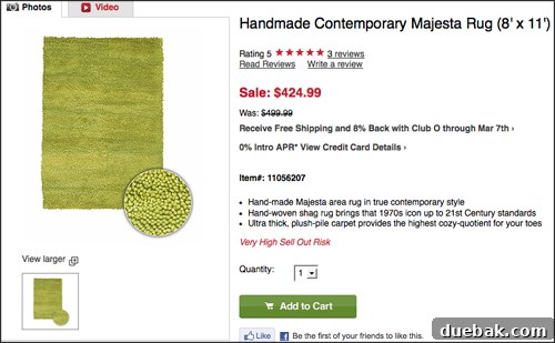 A screenshot from Overstock.com showing the rug details, price ($424.99), and customer ratings.