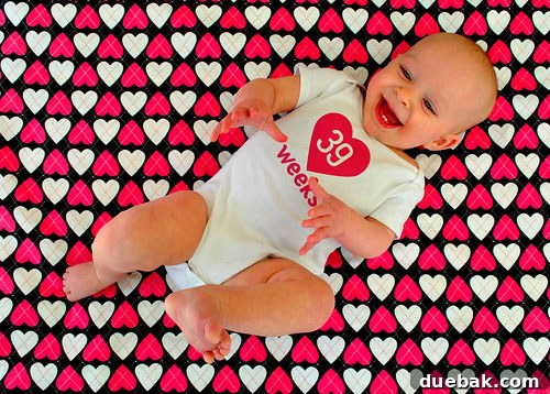 Clara's weekly photo featuring heart-themed fabric for Valentine's Day.