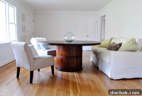 A different angle of the temporary dining room setup, highlighting the current eclectic mix of furniture.