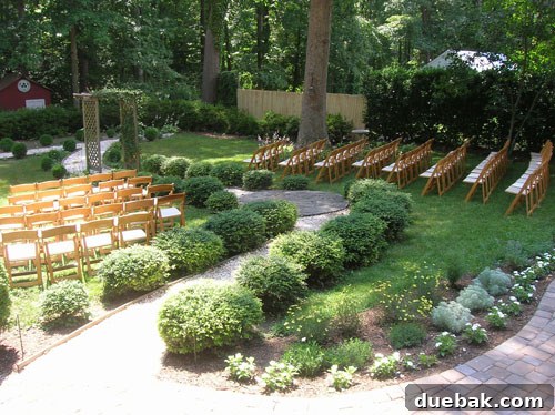 Wedding During Yard Our heavily manicured backyard during our wedding, featuring extensive bushes and pea gravel pathways, before its transformation.